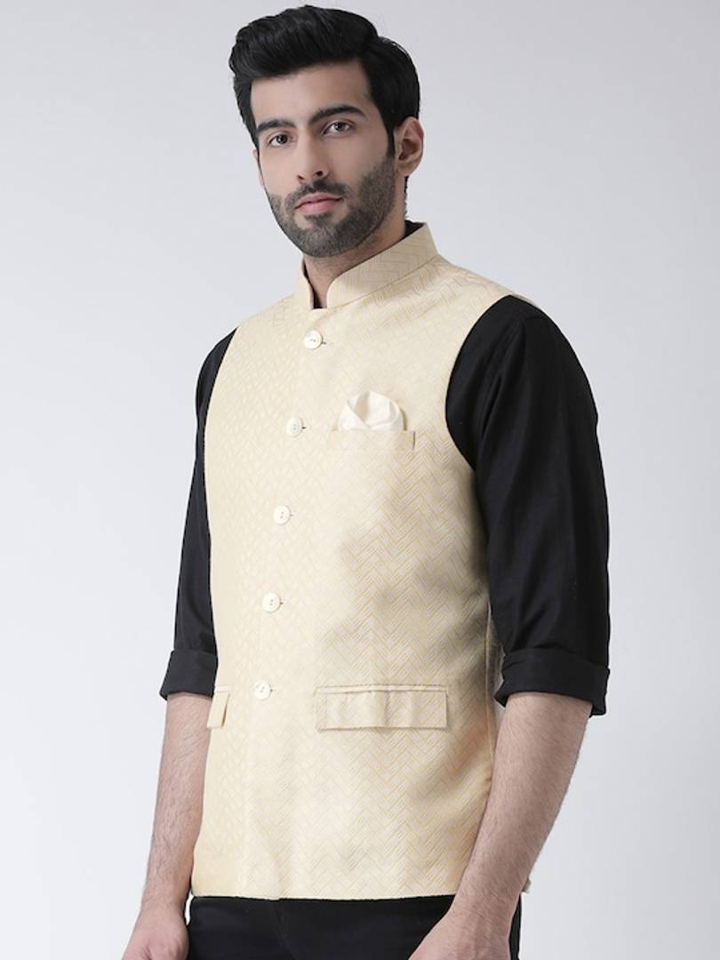 Men's Off White 
Cotton Blend
 Woven Design Nehru Jackets